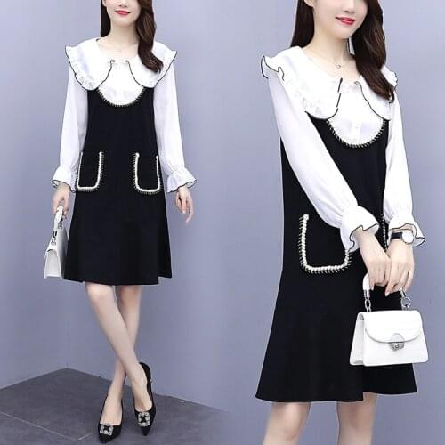 Fashion Plus Size Womens Dress Black Autumn Retro Vestidos Doll Collar Petal Sleeve Fake Two-piece Fishtail Dress Women Q265