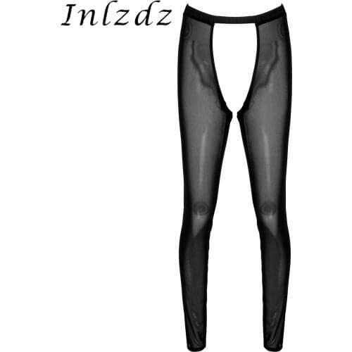 Mens Erotic Skinny Pants Hollow Out Crotchless See-through Mesh Leggings Underwear Sheer Lingerie Sexy Nightwear Sleepwear