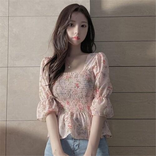 2021 Summer New Sweet Floral Bell Sleeve Wrapped Chest Nipped-Waist Slimming Square Collar Short Shirt Womens Top