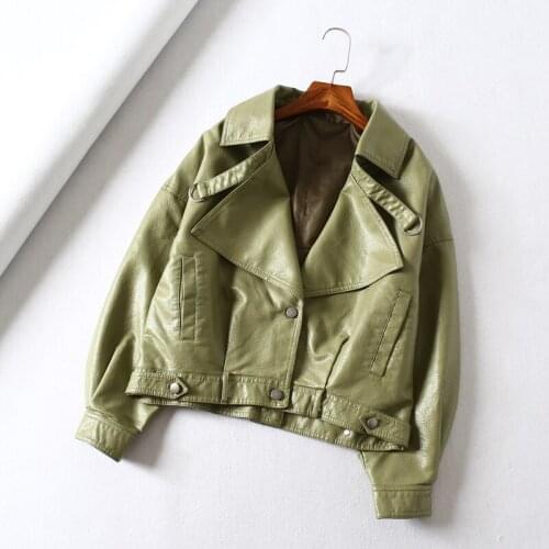 2020 New Women Batwing Sleeve Pu Leather Jackets Femael Boyfriend Style Motorcycles Jacket Ladys Street Green Loose Jacket