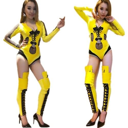 New Nightclub Bodysuit Bar Costume Sexy Dj Female Singer Stage Costume Pole Dance Suit Yellow Mesh Long Sleeve Jumpsuit DWY2152