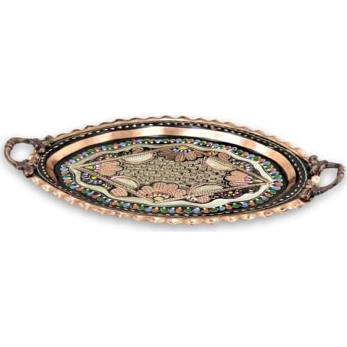 Ottoman Copper Antique Oval Tray Original Gaziantep Handmade Tea Turkish Iran Coffee Dinner Tray 35 cm Kitchen Accessory