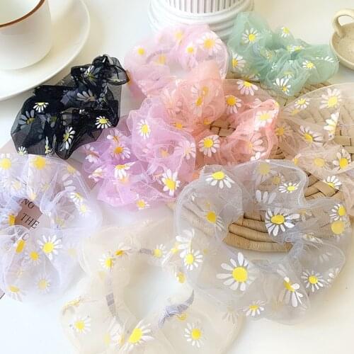 Black White Pink Hair Ring Summer Daisy Floral Thin Mesh Embroidery Scrunchies Hair Tie Rubber Band Hair Rope Ponytail Holder
