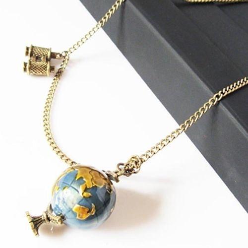 Womens Vintage Globe Planet Earth World Map Ball Binocle Pendant Long Necklace Art Pendant Glass Hand Craft Jewelry Accessory
