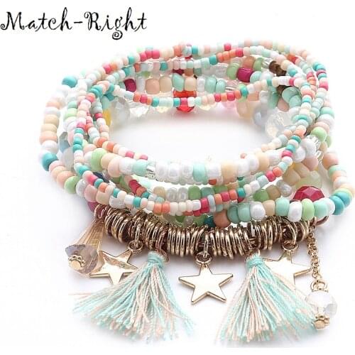 Match-Right Women Bohemia Jewelry of Multilayer Elastic Weave Set Bracelets & Bangles with Tassel Charm Wrap Bracelet LG-075