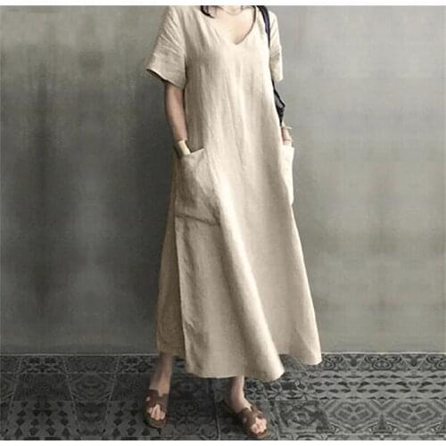 Summer Women Maxi Dress Loose Casual Solid Color Clothes For Women Short Sleevel Plus Size Vintage Linen Ladies Long Dresses