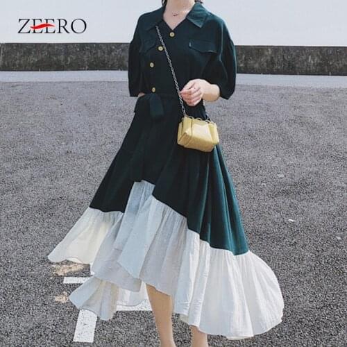 Korean Summer Casual Single-breasted Lantern Sleeve Stitching Color Pleated Irregular Big Swing Dresses for Women A-Line Dress