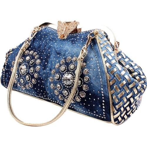 1pc Blue Jeans Fireworks Beautifully Rhinestones Decor Top Handle Handbags With Shoulder Strap Messenger Bag Gold Color