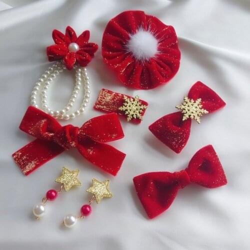 10pcs/Lot New Kids Barrettes Hairpins Red Velvet Girls Hair Bows Children Pearl Flowers Hair Clips for Girls Hair Accessories