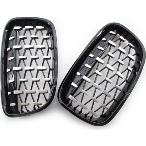 2Pcs Front Gloss Black Grille Chrome Diamond Meteor Grill for BMW 1 Series F20 F21 2010-2014 Front Kidney Replacement Grilles