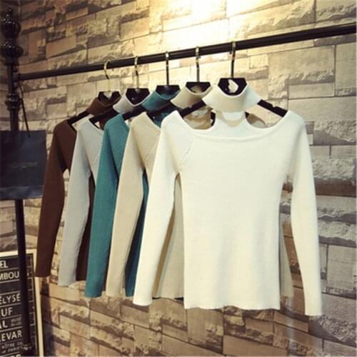 2020 Women Slash Neck Halter Knit Pullover Long Sleeve Solid Slim Knitwear Stretch Autumn Winter Bottom Sweater Jumpers PZ2265