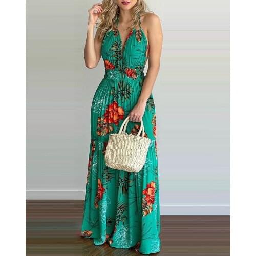 2021 Women Tropical Print Halter Backless Maxi Dress Summer Spring Vacation Sleeveless Sexy Boho Beach Dress Casual Floral