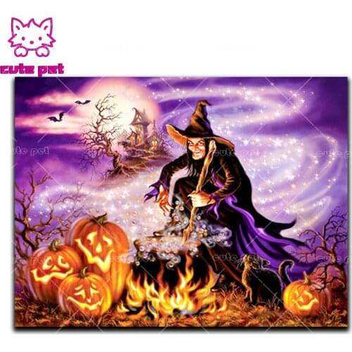 5d Diamond Painting Halloween Pumpkin skull Witch Diamond Mosaic Cartoon Diamond Embroidery Art Rhinestones Puzzle Decor large