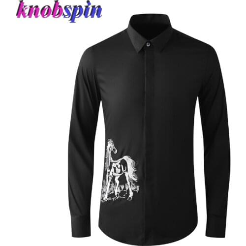 Brand Slim Casual Shirt Men 2021 Elegant Steed Embroidery Solid color Business male Dress Shirts Long Sleeve High-end 80% Cotton