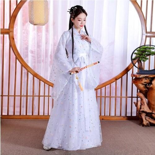 Women Chinese Traditional Hanfu Costume White Lady Dress Embroidery flower princess Folk Dance Clothing