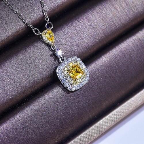 European American Luxury Jewelry Square Pendant Necklace With Water Drop Yellow Zircon Neck Chain For Women Wedding Engagement