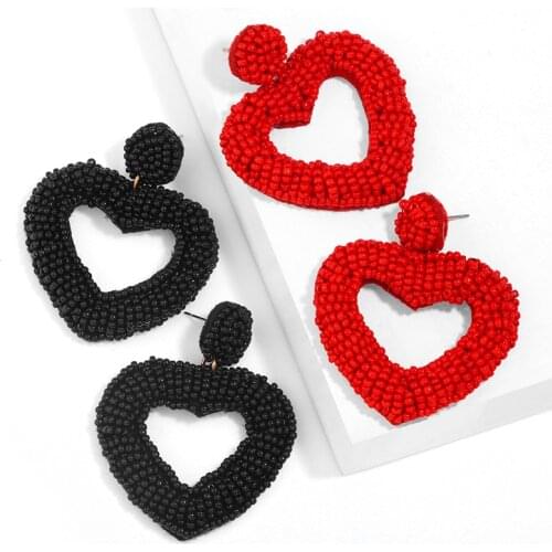 FLOLA Handmade Big Heart Beads Earrings For Woman Boho Beaded Drop Earring Dangle Bohemian Jewelry pendientes mujer moda ersw63