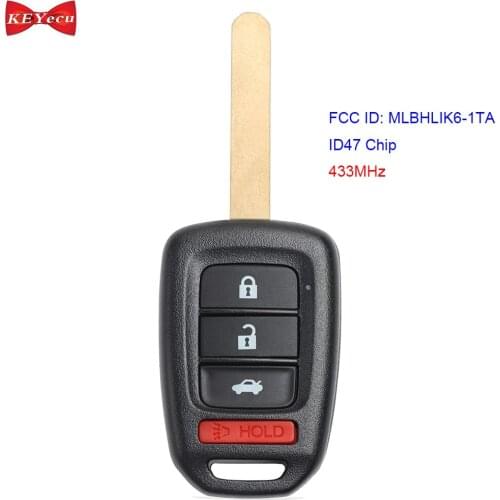 KEYECU for Honda Civic CR-V 2017 2018 Remote Key Fob FCC ID: MLBHLIK6-1TA ID47 Chip 433MHz P/N: 35118-TLA-A00