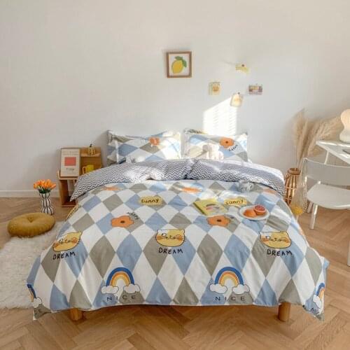 Cyan Cute Cat Kitty Duvet Cover Pillow Case Bed Sheet Boy Kid Teen Girl Bedding Linens Set King Queen Twin Bed Sheet Set