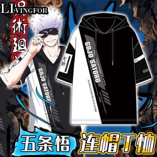 Anime Jujutsu Kaisen Cosplay Costume Short-sleeve Hooded T-shirt Gojou Satoru Itadori Yuuji Kugisaki Nobara Cosplay Summer Cloth