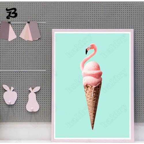 Creative Sweet Canvas Pictures Nordic Modern Flamingo Ice Cream Canvas Painting Wall Art Home Decoration Poster for Living Room