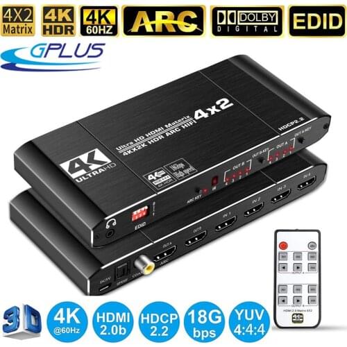 Gplus MX442A 4x2 Matrix Switch ARC Audio HDMI 2.0 4K HDR HDCP 2.2 MX442A