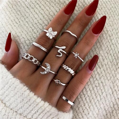 LETAPI 10 pcs/set Bohemian Gold Silver Color Moon Star Wave Flower Kunckle Midi Ring Set for Women Geometric Jewelry Anillo