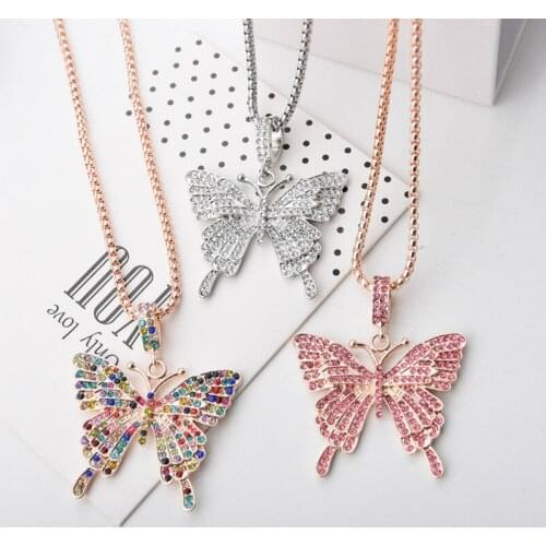Frozen butterfly necklace, chain, Rhinestone, pendant, necklace statement, luxury pink crystal, hip hop jewelry accessories