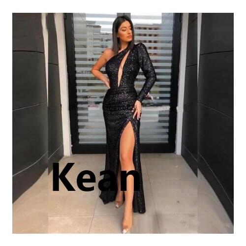 Simple Sequins Lace High Slit V Neck Evening Dresses Mermaid Special Occasion Dress Islamic Dubai Kaftan Saudi Arabic Prom Dress