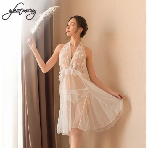 Yhotmeng perspective white gauze sexy sleepwear feather sexy lingerie two piece backless lace nightwear underwear women