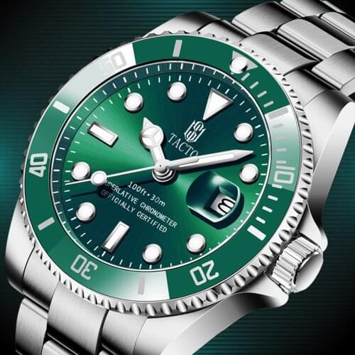 Drop Shipping 2021 Luxury Brand TACTO Mens Watches Green Sub-Diver Wristwatch Fashion Stainless Steel Male Relogio Masculino