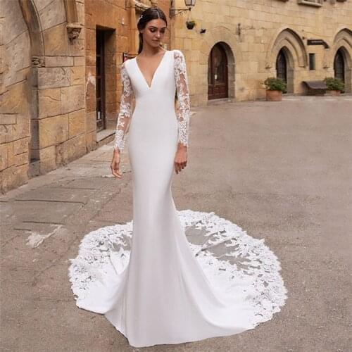 2021 Sexy Deep V-Neck Lace Long Sleeves Mermaid Wedding Dresses Natural Waistline Garden Custom Bridal Gowns Simple Robe De Mari