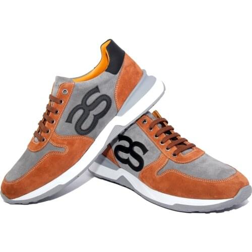 Gray Marigold Orange Pantone Color Trend Summer Handmade Fashion Sport Sneakers, Natural Calf Suede Leather, Lightweight Sole