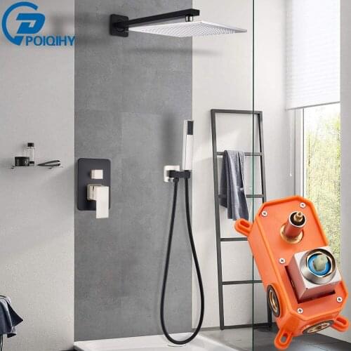 POIQIHY Black Brushed Shower Set Concealed Bathroom Shower Mixer Tap Brass Rainfall Shower System Embedded Box Mixer Valve