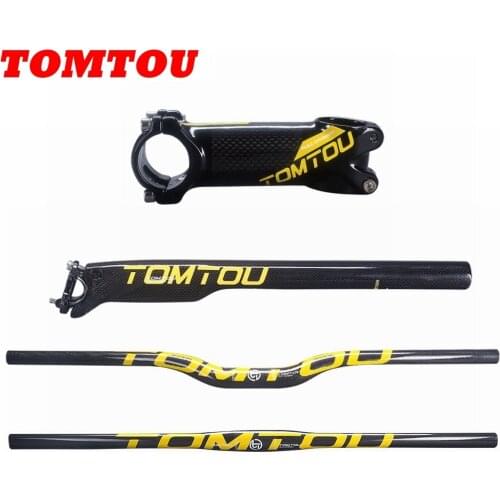 TOMTOU Yellow Glossy 3K Carbon Handlebar MTB Bike Sets Bicycle Rise / Flat Handlebar + Seatpost + Stem - TS6T39