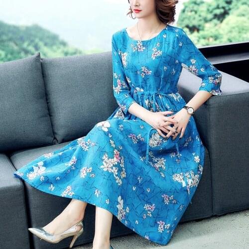Spring Summer Blue Vintage Floral Print Dresses Elegant Vintage Imitate Real Silk Dress Ethnic Style Long Dresses Beach Vestidos