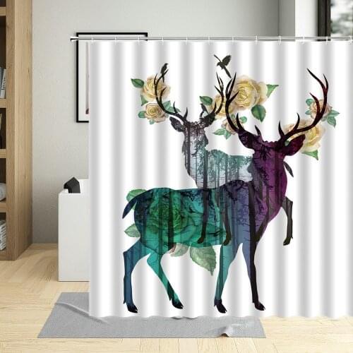 Couple Animal Forest Sika Deer Bathroom Curtains Retro Elk Antlers Flower Pattern Fabric Shower Curtain For Art Decor With Hooks