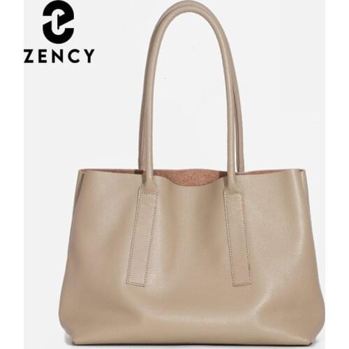 Zency Soft Genuine Leather Handbag Simple Casual Large Capacity Womens Shoulder Bag 2021 Fashion Elegant Female Tote Bag Black