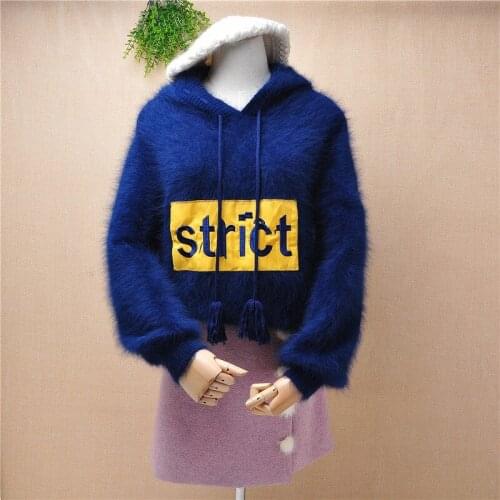 Ladies women fashion cute Lettwe short style hoodie mink cashmere knitted hoodie loose pullover angora fur winter jumper sweater