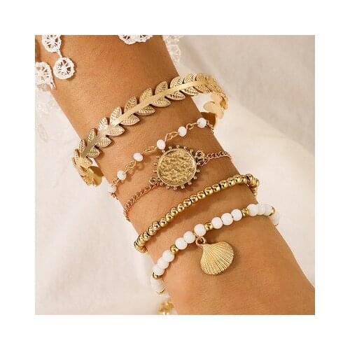 5Pcs Punk Gothic Imitation Pearls Lock Bracelets Female Knot Flower Bracelet Bangles for Women Fashion Gold Coin Jewelry 2021