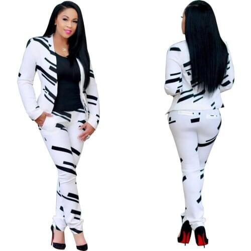 2020 Spring Autumn Black White Stripes Women Pants Suits Long Sleeves V Neck Blazer Coat Pants Fashion Office Lady Outfits