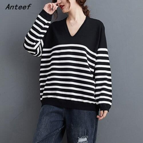 Cotton knitted plus size vintage stripe pull causal loose autumn woman pullover sweater 2021 sweaters clothes women sweter
