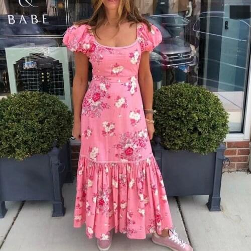 Foridol Square Collar Chinese Floral Print Pink Maxi Chiffon Dress for Women Summer Boho Beach Holiday Blue Long Dress 2021