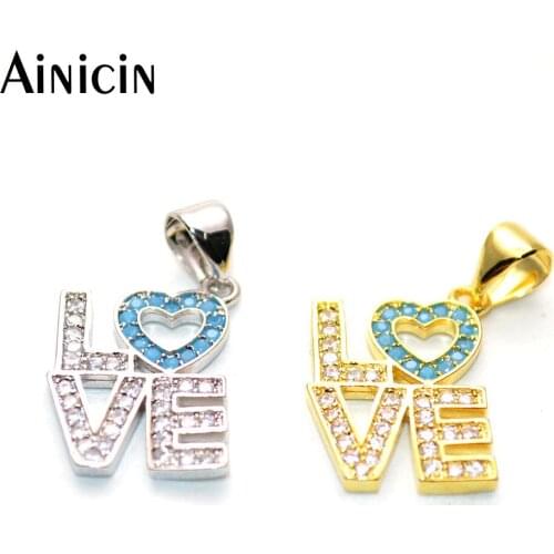 10pcs Blue Rhinestone Crystal Setting LOVE Letter Pendants Heart Shape Fashion Women Jewelry Making Charms #GD