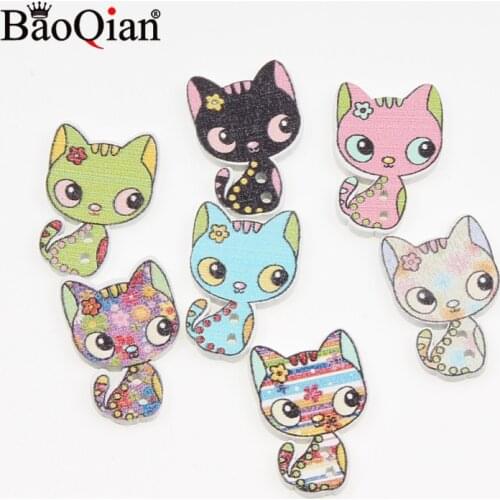 50Pcs Cute Cat Wood Buttons For Kids Clothes Sewing Scrapbooking Decorative Crafts Botones Needlework DIY Accessories 17x26mm