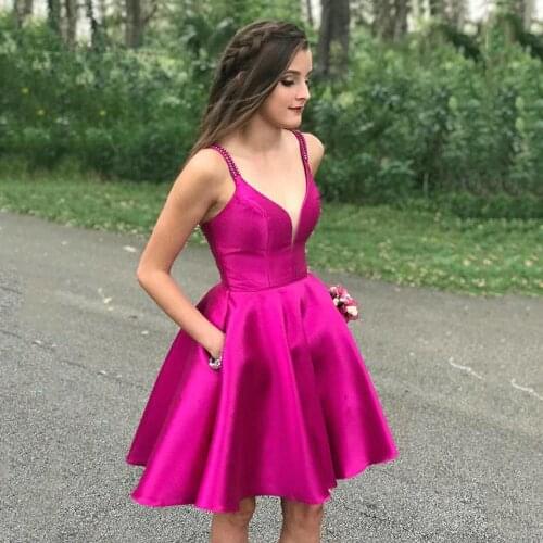 Satin Short Prom Dress Beads Spaghetti with Pockets Girls Graduation Party Gown Plus Size Gala Homecoming Graduation Dresses