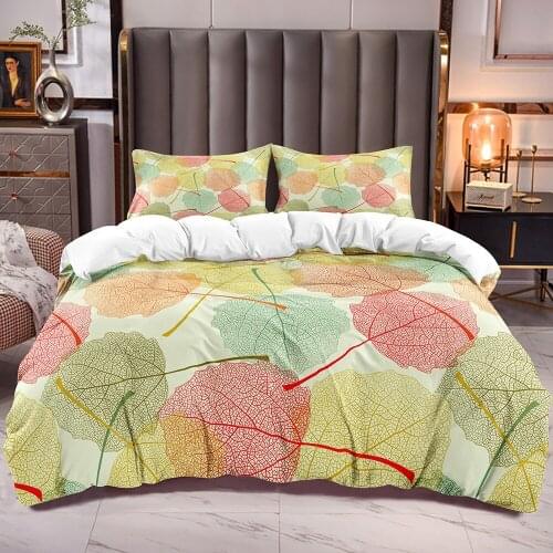 Botanical Duvet Cover with Leaves Print Colors Leaf Bedding Comforter Cover with White Reverse Microfiber Dvuet Quilt Cover Set