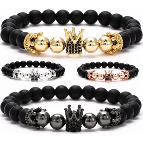8mm black agate Stone beads crown bracelet handmade pulseira mens jewelry accesorios Men armband hombre bracelets homme bijoux
