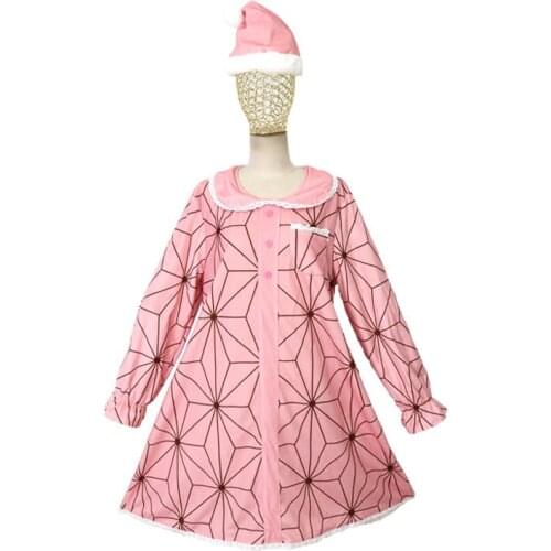 Demon Slayer Cosplay Kimetsu no Yaiba Kamado Nezuko Christmas Dress Hat Nightgown Dress Pajamas Sleepwear Cosplay Costume