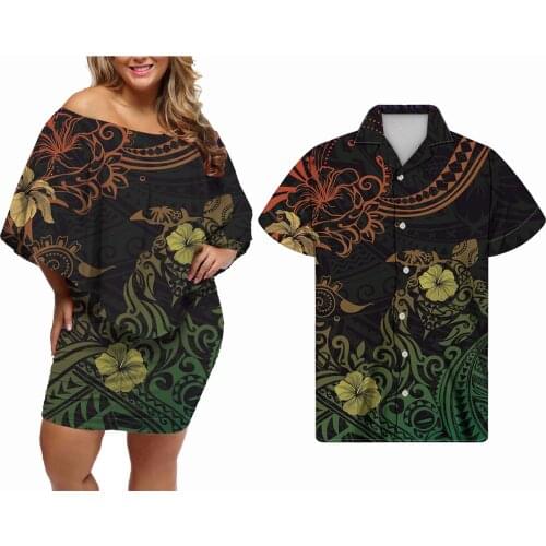 Hycool Polynesian Sea Turtle Print Lady Casual Daily Life Dress Elegant Off Shoulder Bodycon Dress Match Men Summer Casual Shirt